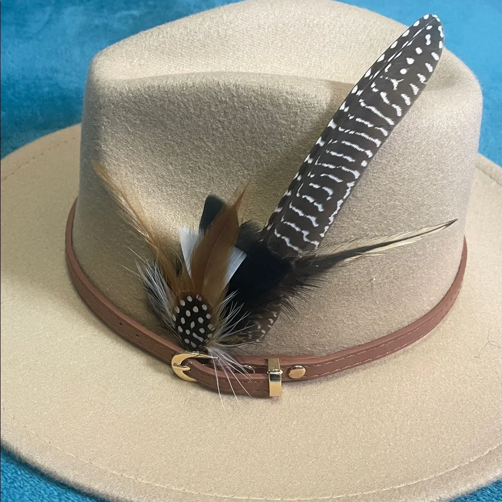 Tan Beige Women's Felt Fedora Western Cowboy Hat Brown Belt Tall  Feather Accent